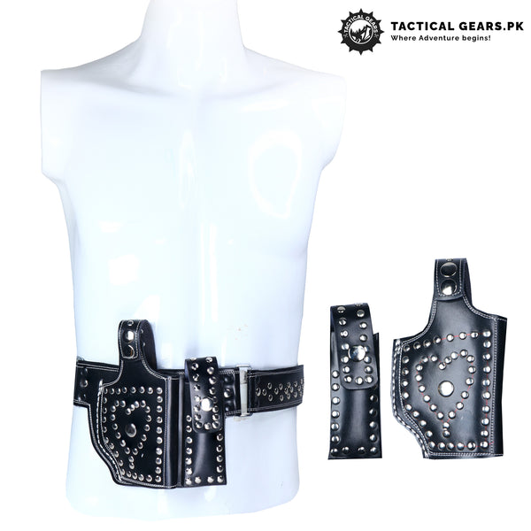 Universal Waist Holster with Silver Rivets Black Leather