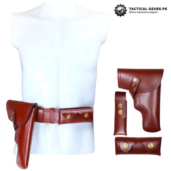 Universal Waist Holster With Ammo Belt Plain Leather Brown